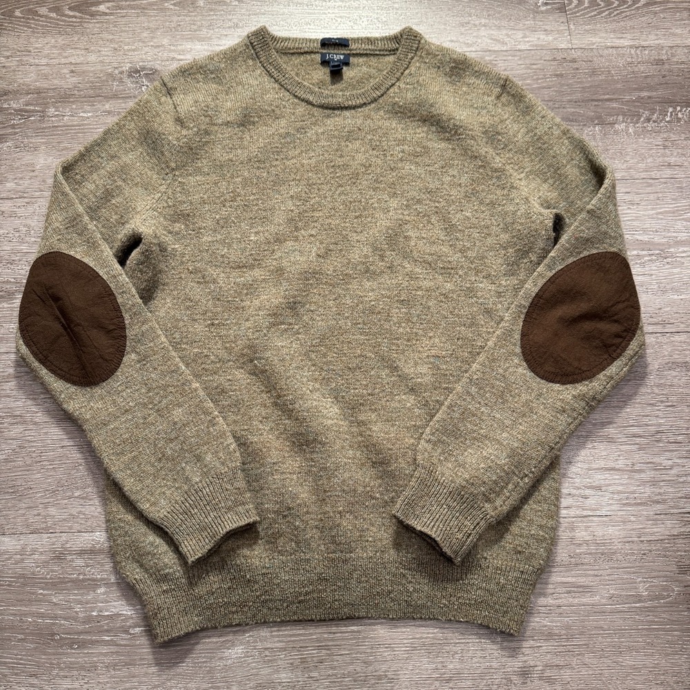 J Crew Sweater Mens Medium Beige Brown Elbow Patches Crew Neck Slim Old Money
